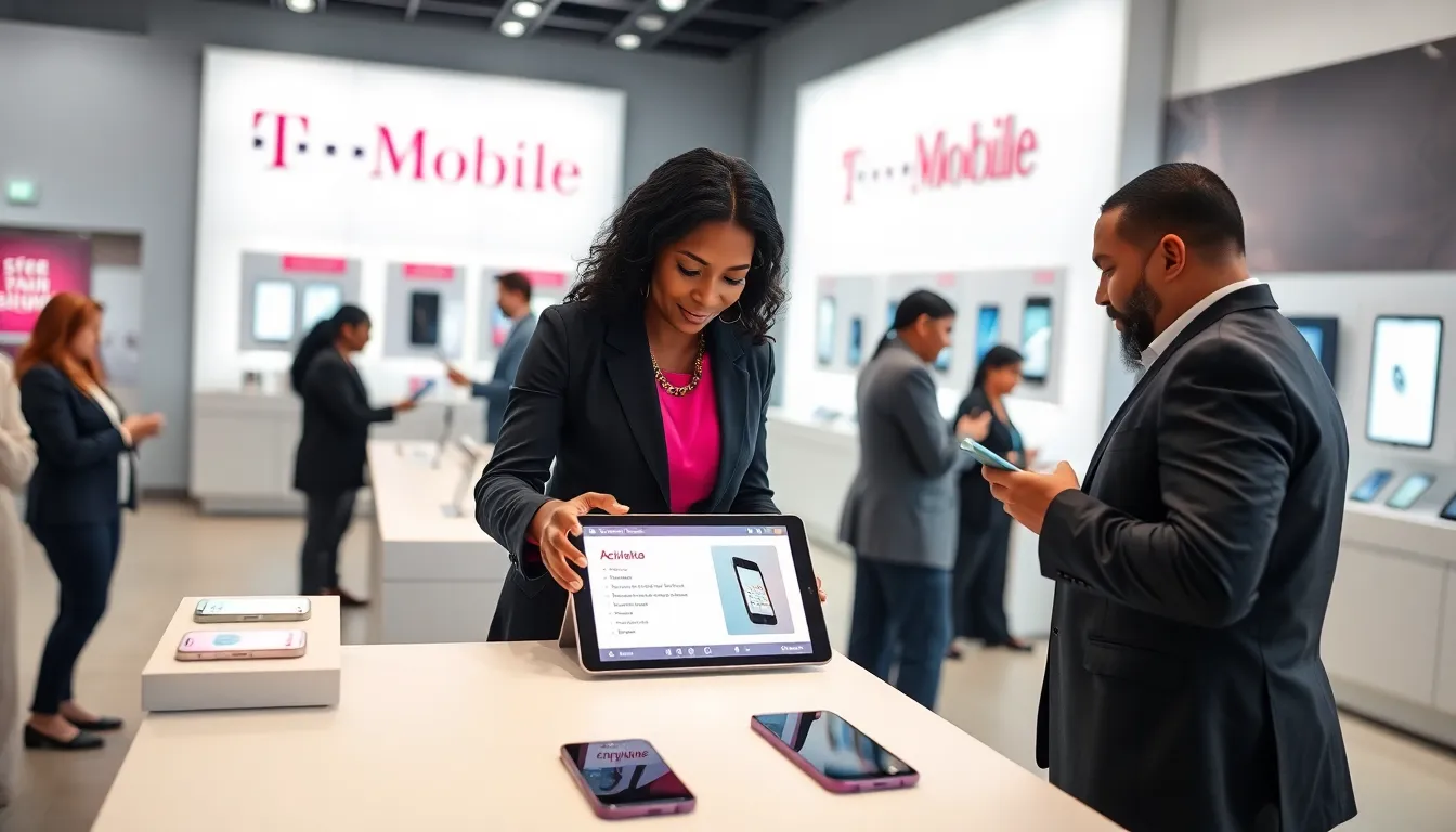 professionals assisting customers in a T-Mobile store.