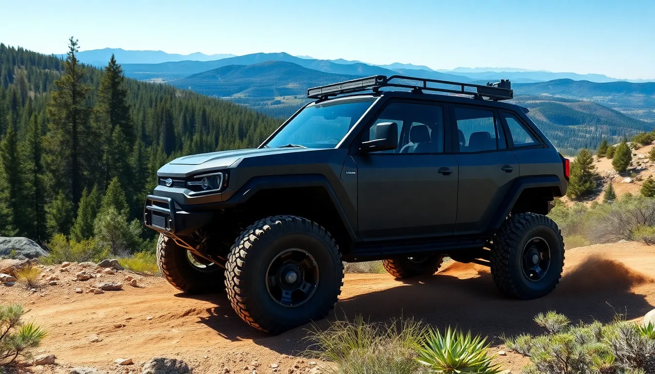electric off-road vehicle navigating a rugged trail in a natural setting.