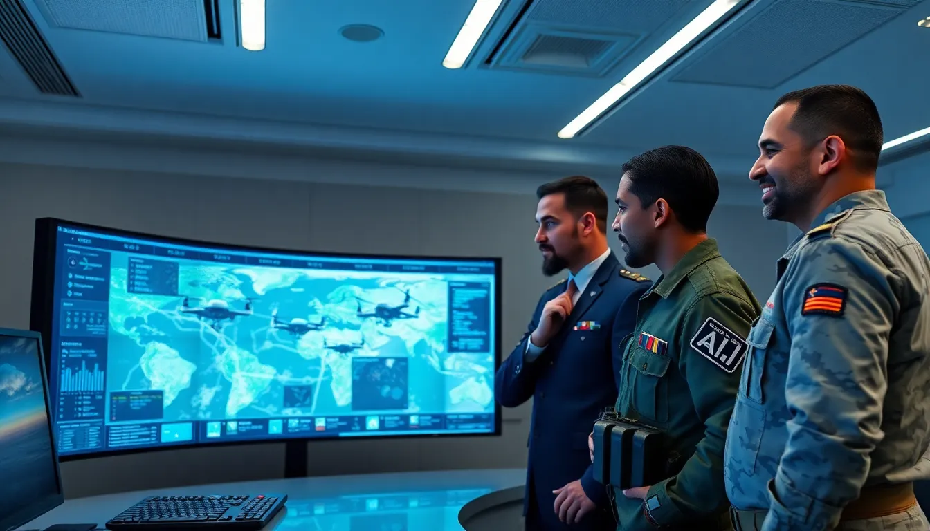 military professionals collaborating in a high-tech command center.