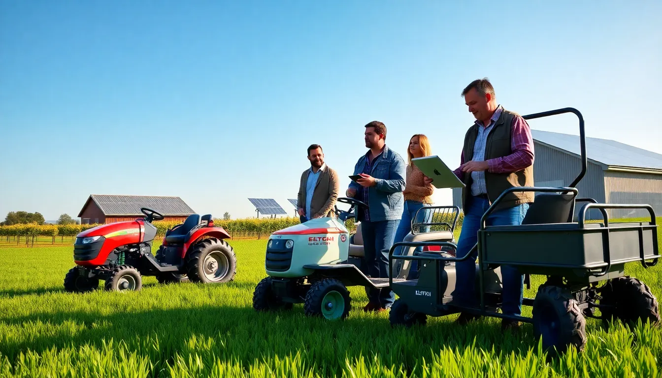 farmers operating electric vehicles in a sustainable agricultural setting.