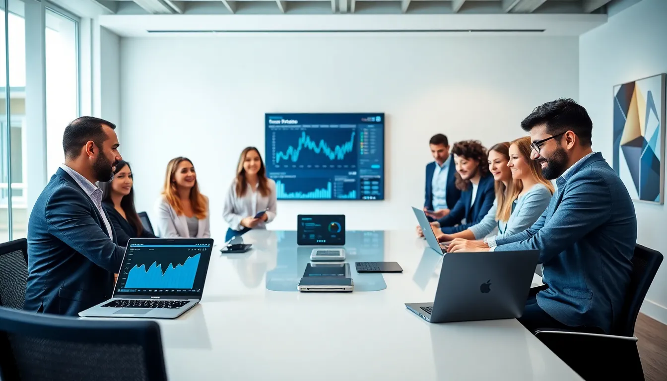 diverse professionals discussing IoT technology in a modern office.