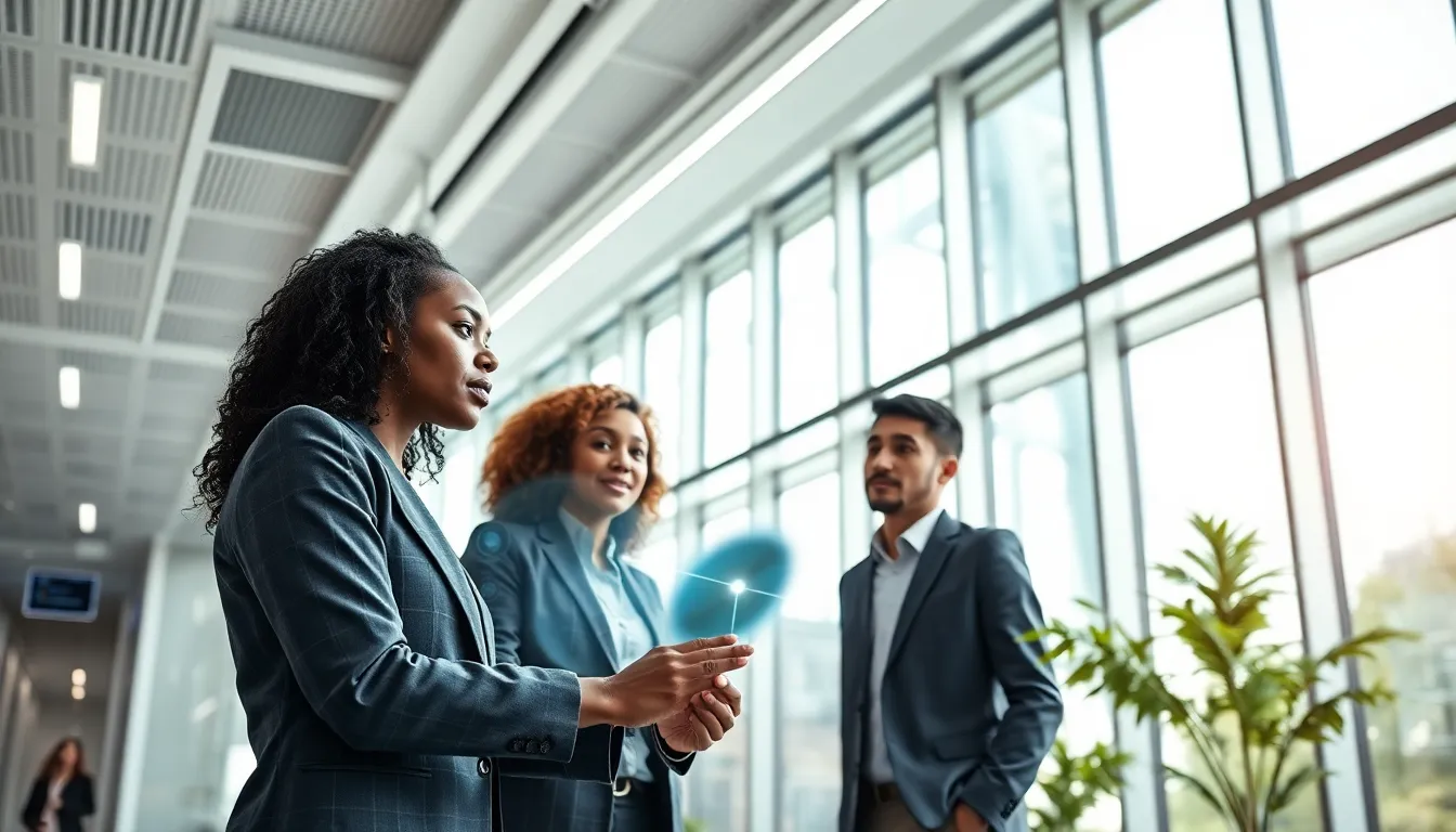 collaborative professionals in a high-tech smart building interior.