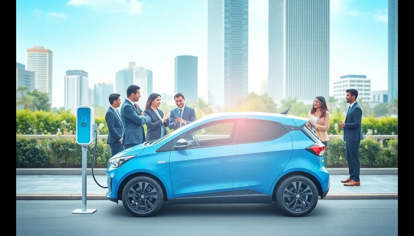 diverse professionals discussing electric vehicles beside a charging station.