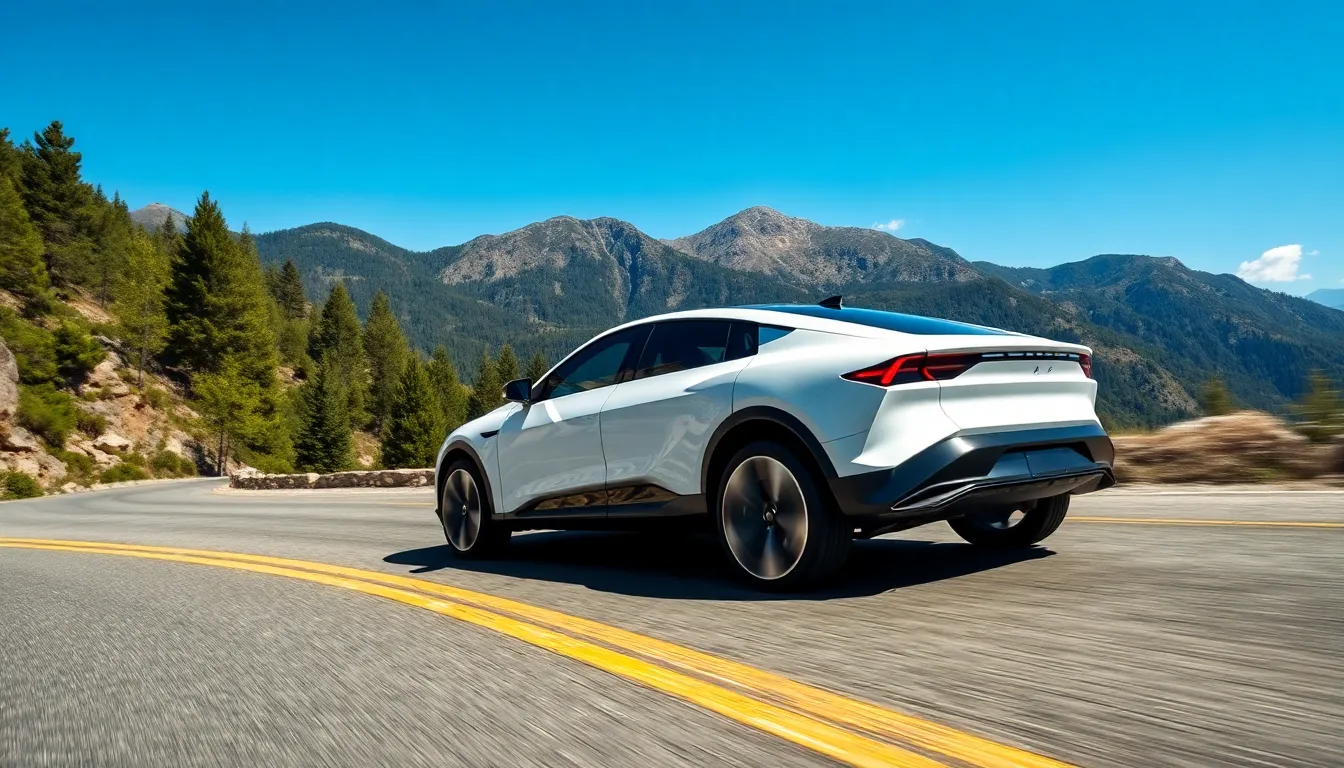 All-wheel drive electric vehicle driving on a scenic mountain road.