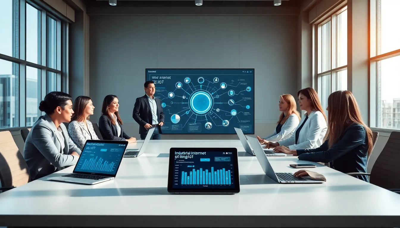 diverse team discussing IIoT in a modern office setting.