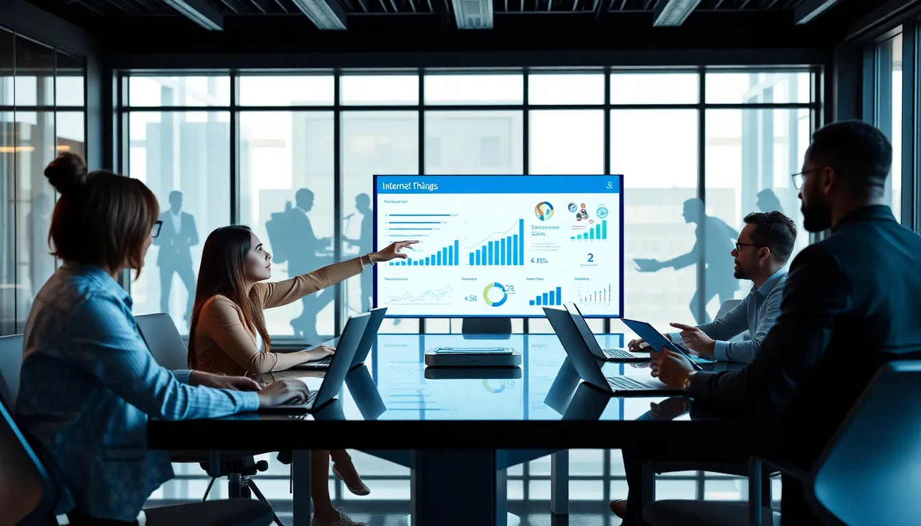 diverse team discussing IoT marketing strategies in a modern office.