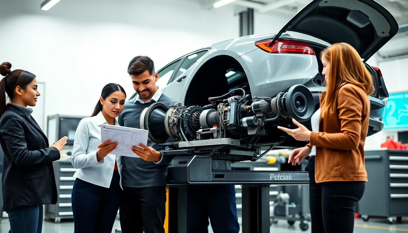 engineers examining an electric vehicle's drivetrain in a modern workshop.