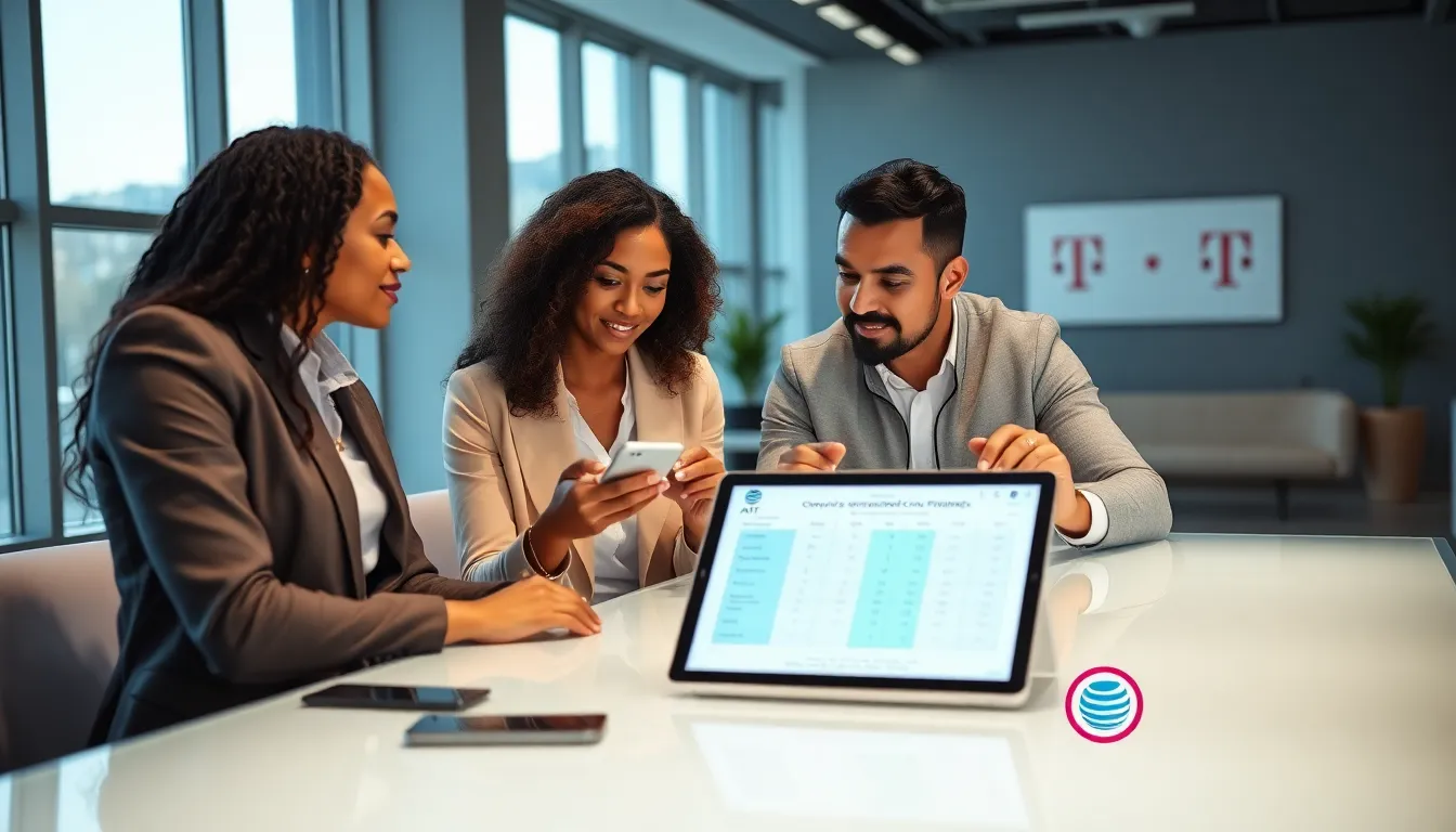 diverse team discussing mobile phone compatibility in a modern office setting.