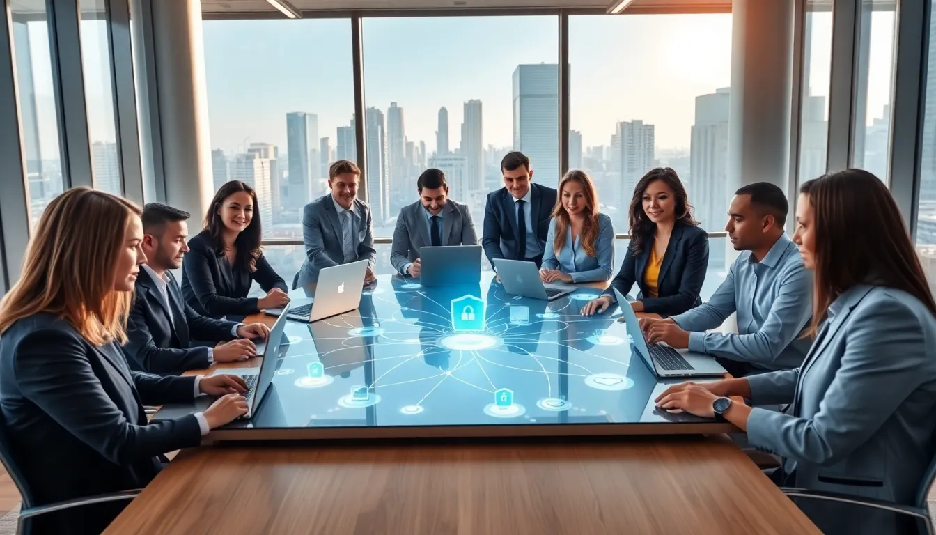 diverse professionals discussing IoT security in a modern workspace.